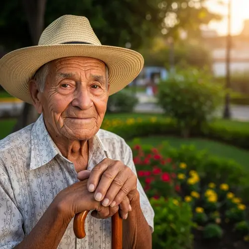 Wise Hispanic Man in Tranquil Park at Sunset