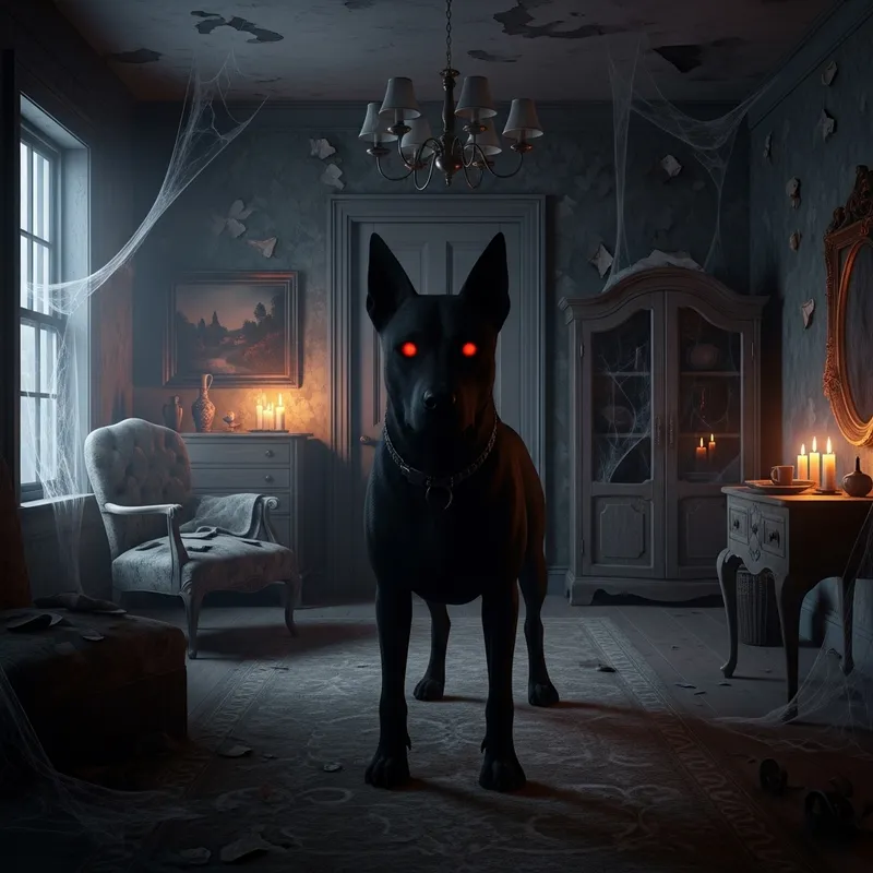Spooky Black Dog with Red Eyes in Haunted House Spooky Black Dog with Red Eyes in Haunted House