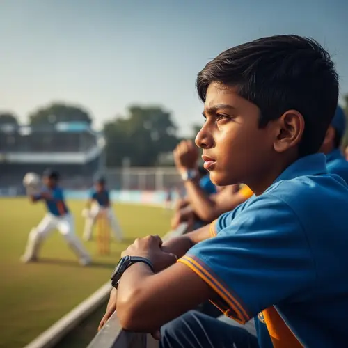 Dynamic & Vibrant Image: South Asian Boy Watching Intense Cricket Match