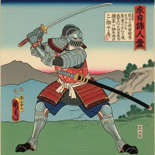Samurai Knight in Shining Armor with Katana - Traditional Woodblock Print Style