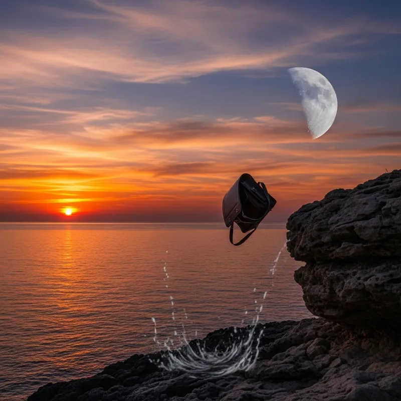 School Bag Falling into Sea: Beautiful Sunset and Moonrise School Bag Falling into Sea: Beautiful Sunset and Moonrise
