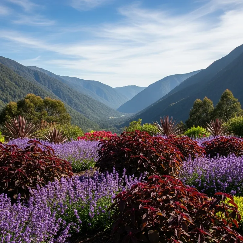 Vibrant Valley Paradise with Purple and Maroon Plants