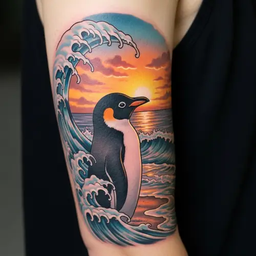 Travel-Inspired Penguin Tattoo Design