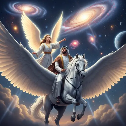 Arabian Man on Grand Winged Horse Ascending with Angel