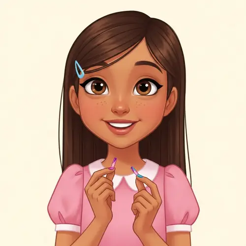 Whimsical Hispanic Girl Painting Nails in Pink Dress