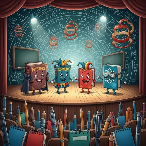 Surreal Educational Illustration: Books as Characters on Theater Stage