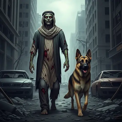 Fantasy World Scene with Male Zombie of Middle-Eastern Descent and German Shepherd Dog