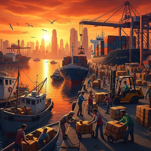 Bustling City Harbor at Sunset | Ships, Workers, Skyscrapers