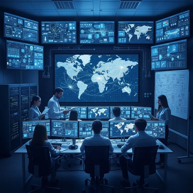 Futuristic Network Security Command Centre with Cybersecurity Experts