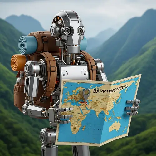 Sleek Robot Embarks on Global Journey with Backpack and Map