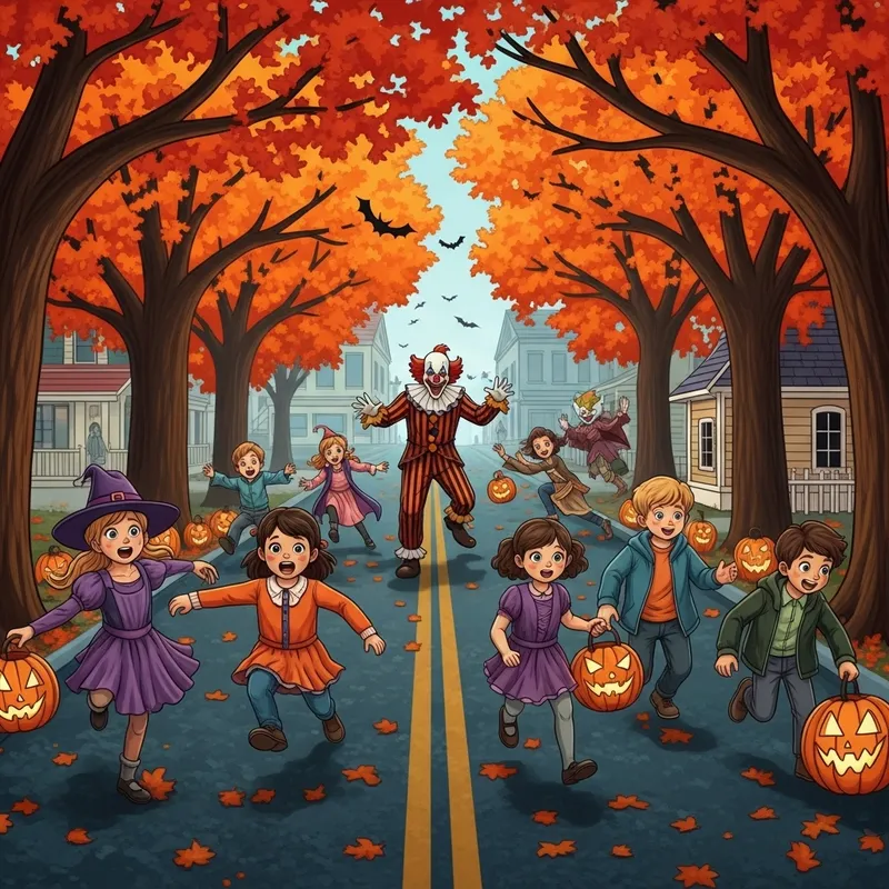 True Halloween Chaos: Children Fleeing Sinister Clown True Halloween Chaos: Children Fleeing Sinister Clown