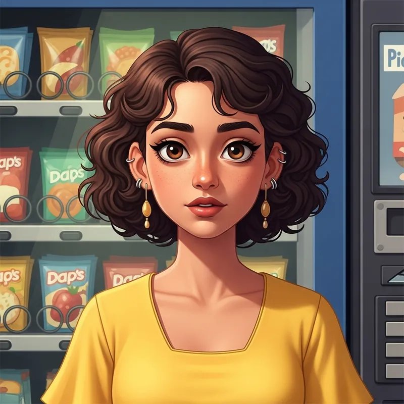 Brown-eyed Student of Public Policy in Yellow Dress by Snack Vending Machine