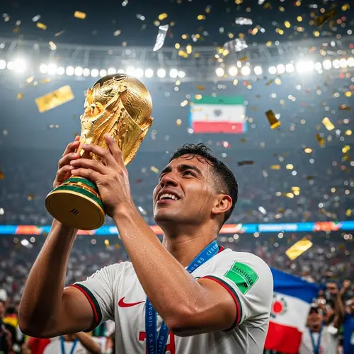 Latin American Football Player Triumphs with World Cup Trophy