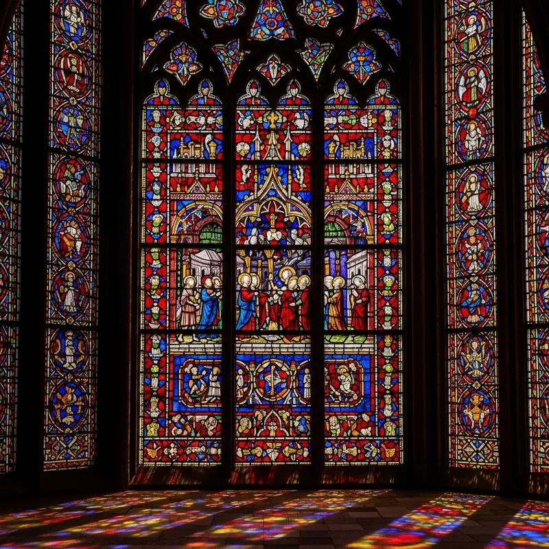 Medieval Stained Glass Window Scene | Religious Symbols & Figures Medieval Stained Glass Window Scene | Religious Symbols & Figures