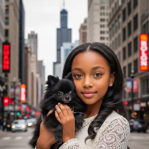Young African American Girl with Pomeranian Dog in Chicago Skyline