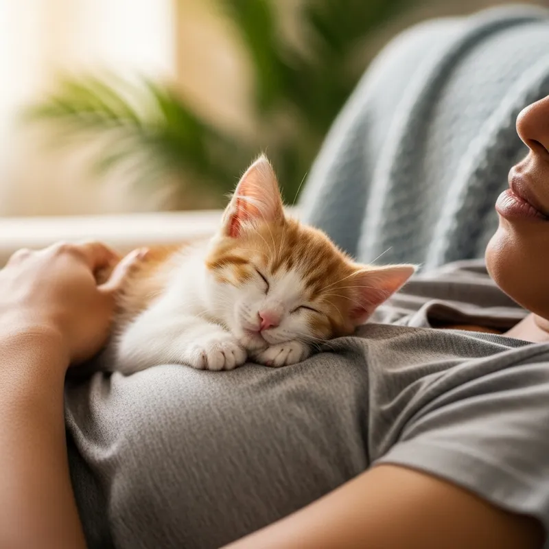 Sleeping Kitten Cuddling Human