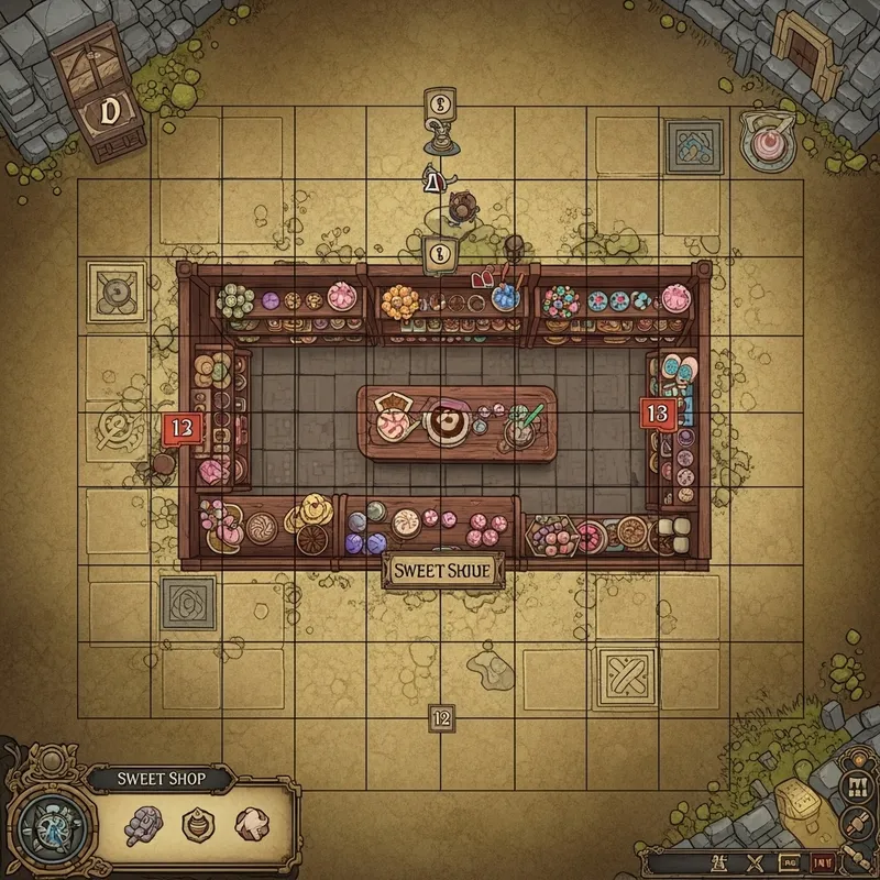 D&D Tabletop Game Map with Sweet Shop Grid and Shelves