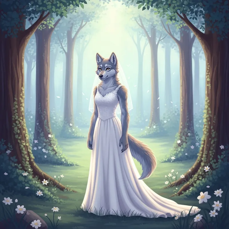 Ethereal Wolf Girl in White Wedding Gown - Serene Forest Portrait