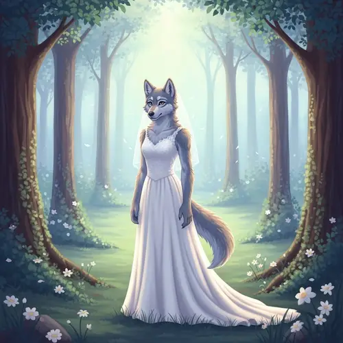 Elegant Wolf Girl in White Wedding Gown - Enchanting Forest Portrait