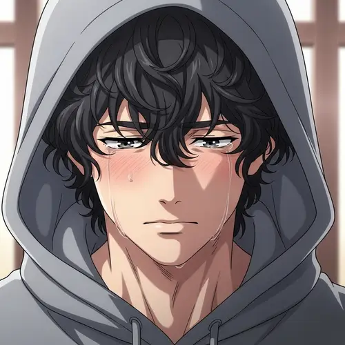 Mysterious Anime Male Character with Tears in Grey Hoodie