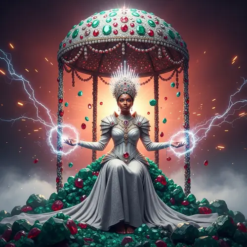 Radiant Black Woman Surrounded by Emeralds and Rubies