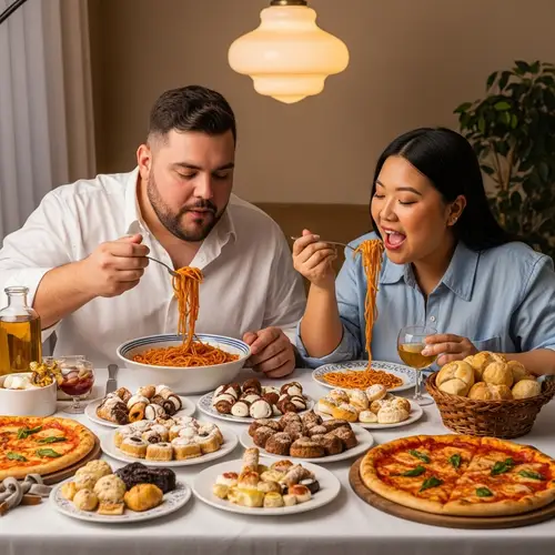 Joyful Feast with Plus Size Man and Woman - Italian and Asian Descent