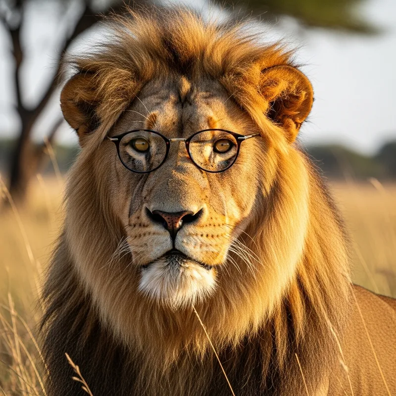 Stylish Lion with Glasses - Captivating Wildlife Portrait