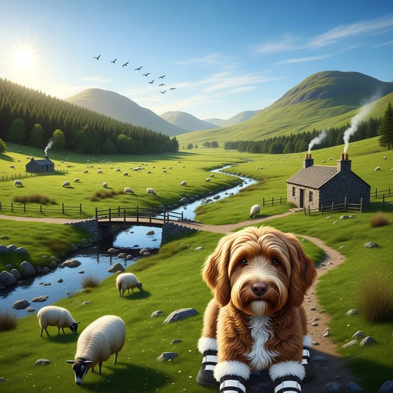 Serene Highland Landscape with Labradoodle and Sheep