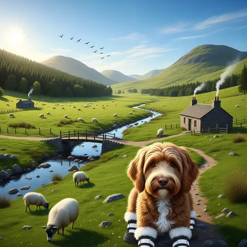 Serene Highland Landscape with Labradoodle and Sheep