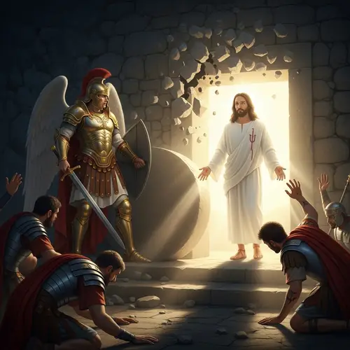 Resurrection of Jesus: Epic Renaissance-style Portrayal with Warrior Angel