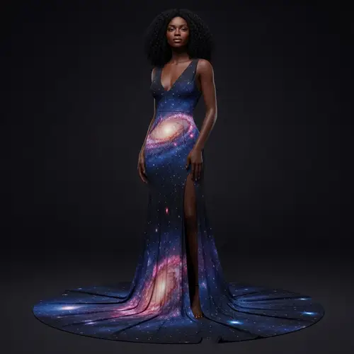 Beautiful Black Cosmic Goddess with Long Dress and Slit | Universe Symbol