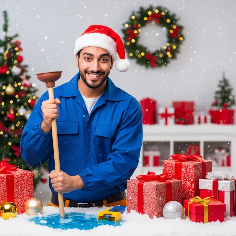 Festive Plumber in Santa Hat | Holiday Cartoon Image