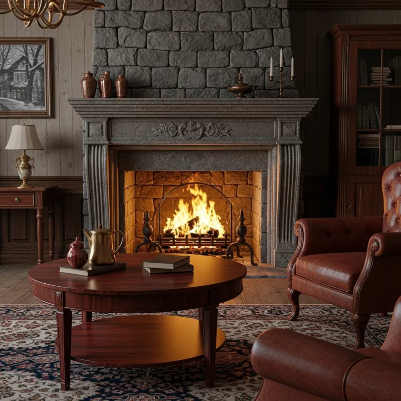 Cozy Vintage Living Room with Fireplace Art