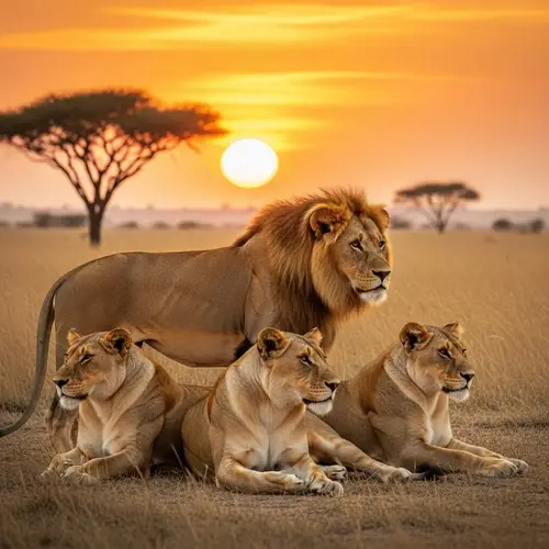 Majestic Lions in Savannah - Regal Male and Lithe Lionesses