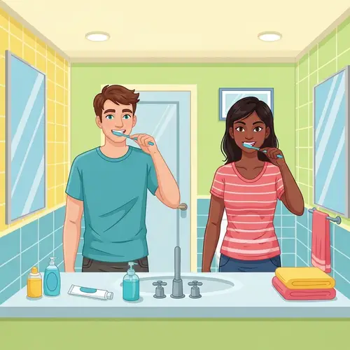 Brightly Colored Bathroom Toothbrushing Scene
