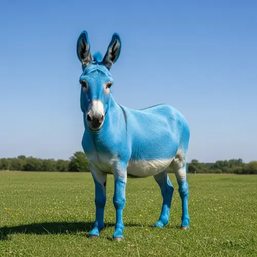 Blue Donkey in Vibrant Green Field | Majestic and Cheerful