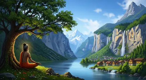 Serene Mountain Landscape with Waterfalls and Meditating Sadhu