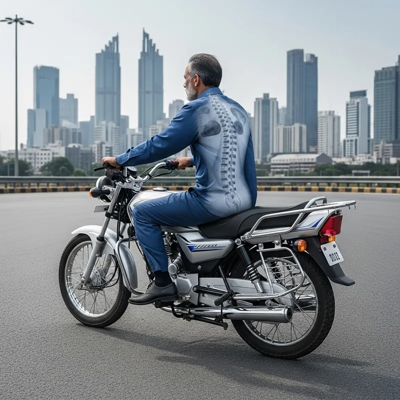 Middle-Aged South Asian Man Riding Silver 125cc Bike in Urban Indian City