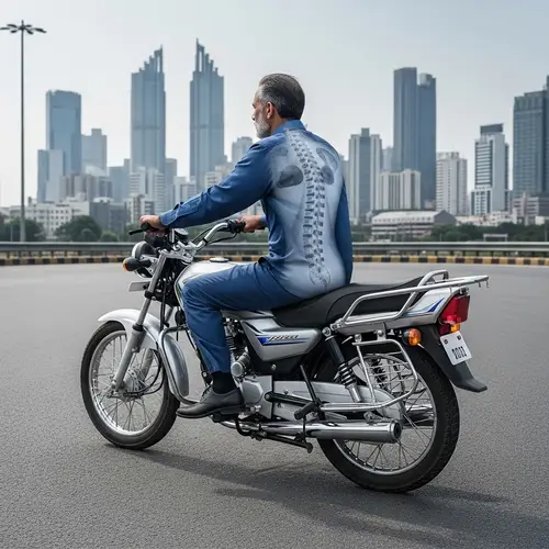 Middle-Aged South Asian Man Riding Silver 125 Bike in Indian City