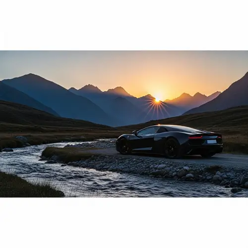 Majestic Black Sports Car Silhouetted in Twilight Mountains