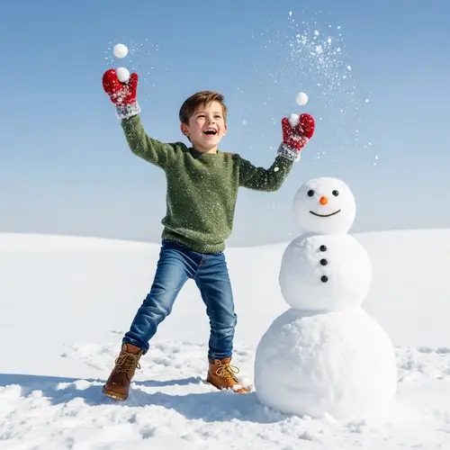 3D Snow Play: Joyful Caucasian Boy in Snowy Landscape