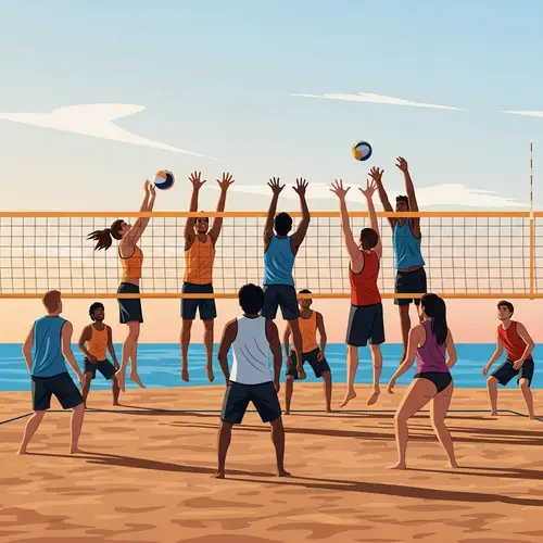 Beach Volleyball Game in Spain: Energetic and Diverse Action
