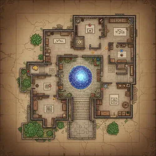 Medieval Mansion D&D Map | First Floor Grid Map with Magical Sphere