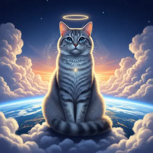Serene Cat Overlooking Earth on Fluffy Clouds