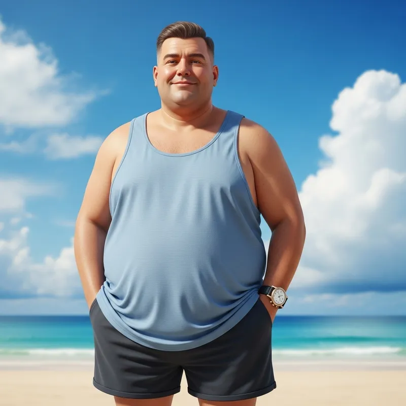 Cheerful Overweight Man in Light Blue Tank Top at Beach Cheerful Overweight Man in Light Blue Tank Top at Beach