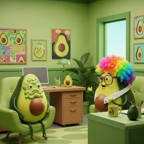Whimsical Avocado-Themed Office Scene | Office Avocado Characters