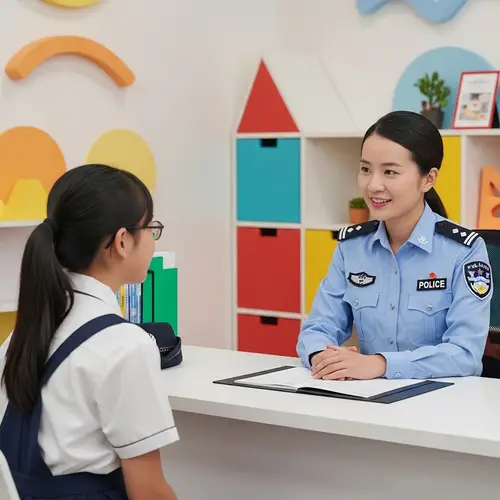 Friendly Asian Female Police Officer Engaging with 13-Year-Old Girl