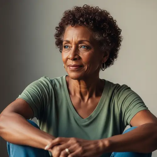 Portrait of Wise and Kind Woman with Curly Brown Hair