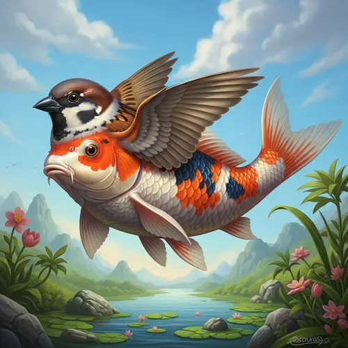Fantastical Koi Fish Sparrow Hybrid in Surrealist Landscape