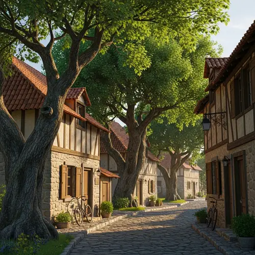 Serene Village Scene with Old Houses and Trees